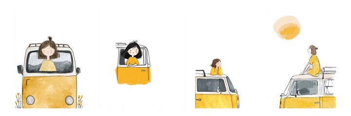 Yellow Van Adventure Poster Set. Travel And Exploration Art Collection Isolated On Transparent Background. Ideal Design for Cover, Brochure, Banner, Social Media, Flyer or Wallpaper