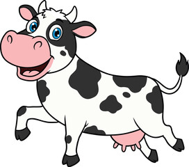 Happy cartoon cow running with black spots, big blue eyes, smiling face, dairy animal character, kids farm animal vector illustration