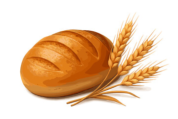 Realistic bread loaf with wheat ears vector illustration. Bakery concept. Freshly baked food. Agriculture grain harvest. Organic nutrition. Isolated on transparent background.