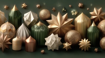 Elegant Metallic and Wooden Christmas Ornaments in Gold and Green Colors for Holiday Decoration