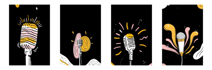 Colorful Microphone Illustration Poster Set. Vibrant Music And Creativity Decor Collection Isolated On Transparent Background. Ideal Design for Cover, Brochure, Banner, Social Media, Wallpaper