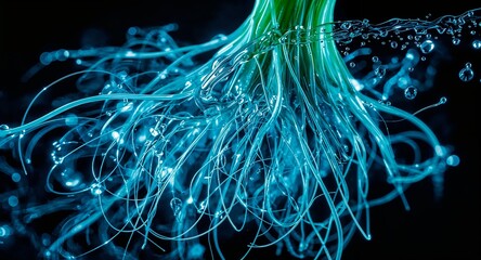 Abstract depiction of illuminated blue strands with water droplets against a dark background
