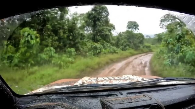 Sebuah mobil tua terparkir di dekat rel kereta api baja di hutan, sebuah perjalanan logam dan alam