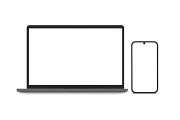 Laptop computer and smartphone mockup with blank screen for UI, UX presentation. Modern mobile phone and PC device with empty display for app, website on transparent background.
