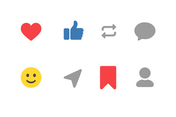Social media icons set. Like, love, heart, thumb up, comment, share, save, repost, user profile and emoji reaction buttons. Vector illustration for app and web UI design.