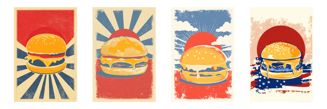 Cheeseburger Pop Art Poster Set. Retro American Diner Decor Collection Isolated On Transparent Background. Ideal Design for Cover, Brochure, Banner, Social Media, Flyer or Wallpaper