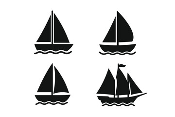Sailing boat and ship silhouette vector icon set. Black graphic on transparent background. Nautical vessel, yacht on sea wave for travel, regatta or cruise design.