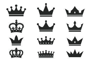 Crown icon set. Collection of royal crowns silhouette. King, queen, prince symbol for logo design. Vector illustration of different majesty and monarchy graphic elements.