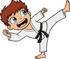 Karate cartoon boy, powerful kick pose, black belt child character, energetic martial arts action, vector illustration, sports animation concept