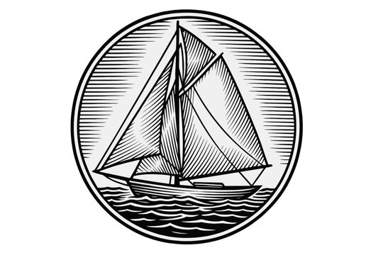 Sailboat logo vintage emblem. Sailing ship in sea waves. Retro marine cruise, ocean travel adventure. Nautical yacht, maritime transport icon. Engraving style vector design.