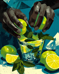 A vibrant, stylized illustration of hands squeezing fresh lime into a glass with mint leaves, preparing a refreshing mojito cocktail.