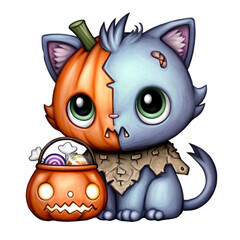 Cute Halloween Cat Clipart Set – Adorable Cartoon Cats in Pumpkin Costumes with Candy Buckets PNG – Funny Spooky Kittens for Fall, Kids Art, Stickers, Sublimation, Transparent Background