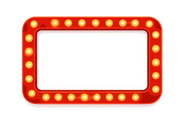 Retro light bulb sign frame. Red rectangle marquee border with glowing lamps. Vintage casino, cinema or theater billboard. Vector illustration for show or event promotion.