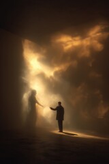 Obraz premium Guidance to the Light: A man, bathed in a warm glow, reaches towards a veiled figure in the light, with soft light, evokes spiritual guidance and connection. 
