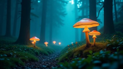 Fantasy Forest Scene with Glowing Mushrooms and Magical Atmosphere