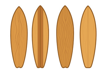 Wooden surfboard set vector illustration. Collection of four classic retro surf boards with wood texture. Summer beach and ocean water sport graphic design element isolated.