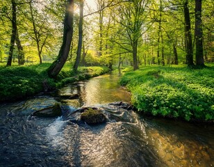 Naklejka premium small river flowing through lush green forest in spring