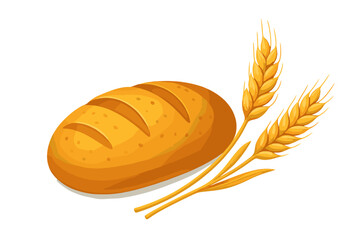 Bread loaf with wheat ears vector illustration. Freshly baked bakery product concept. Natural organic whole grain food from farm harvest. Isolated design element icon.