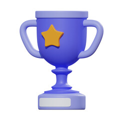 Purple Cartoon Trophy with Yellow Star; Achievement Award; 3D Render; Blank Plate