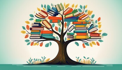 international literacy day concept with tree with books like leaves literacy education knowledge concept with color books on tree on white background