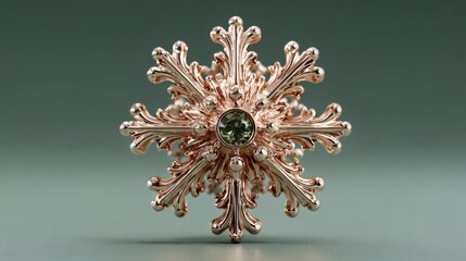 Elegant Rose Gold Snowflake Brooch with Green Gem Center on Soft Green Background