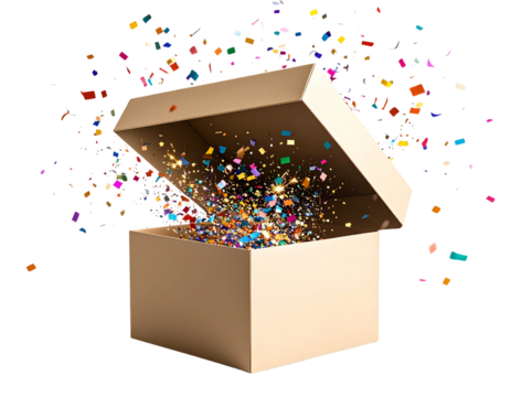 Open Gift Box with Lid Tilted and Confetti Bursting Out, Diagonal Angle, Transparent PNG