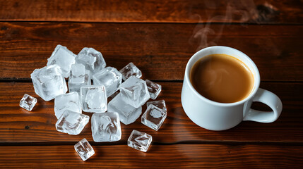 Frosty ice cubes and steaming hot coffee cups contradictorily juxtaposed on a rustic wooden table, symbolizing opposing forces and conflicting emotions.