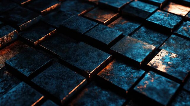 An intricate, rough surface with an interlocking tile pattern in blue and orange hues, suggesting a natural, textured material.