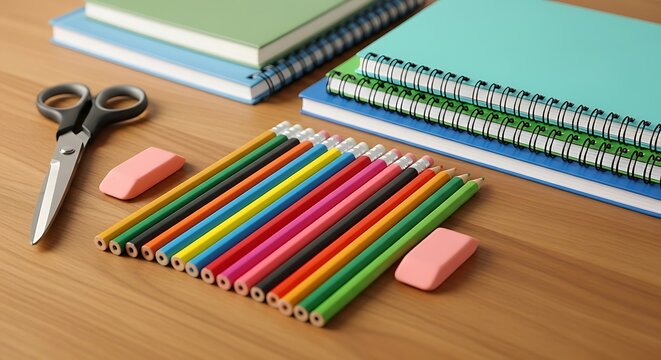 A still life of notebooks, pencils, erasers, and scissors on a wooden desk surface in soft light - Powered by Adobe