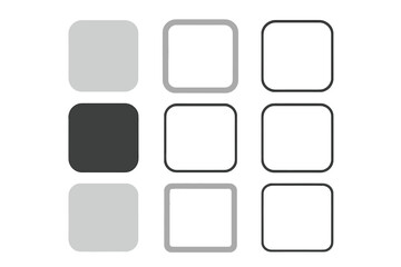 Set of square shapes with rounded corners. Collection of flat, filled, and outline style buttons or frames. Modern geometric vector elements for UI UX design isolated.