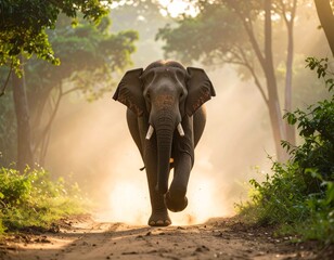 A dramatic shot of an elephant sprinting through golden forest light, creating a powerful sense of movement and strength