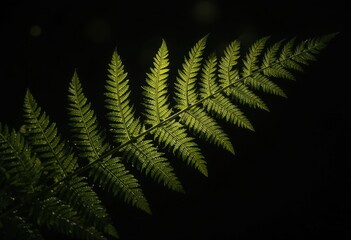 Hoja de helecho retroiluminada que revela una delicada estructura interna y una textura fina, brillando suavemente contra un fondo oscuro