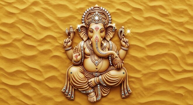 3D Lippan Art Ganesh Ji on Golden Sand &ndash; Home Decor HD Ganesha Wallpaper
