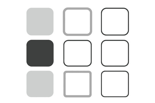 Set of square shapes with rounded corners. Collection of flat, filled, and outline style buttons or frames. Modern geometric vector elements for UI UX design isolated.