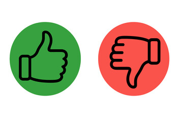 Thumbs up and down line icon set. Like and dislike, approve and disapprove symbols. Yes and no, good and bad feedback buttons. Social media rating vector signs.
