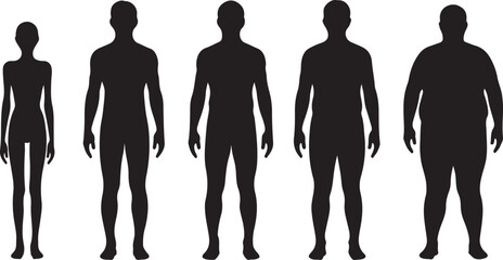human body shapes silhouettes front view, from underweight to overweight, weight and health concept vector

