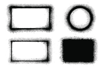 Set of grunge stencil frames with spray paint effect. Collection of dirty rectangle and circle borders with splatter texture. Urban graffiti art design elements for banners.
