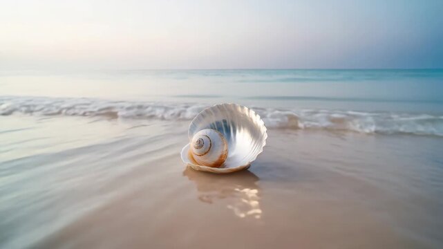 Serene coastal scene featuring a beautiful seashell resting on sandy beach at sunrise