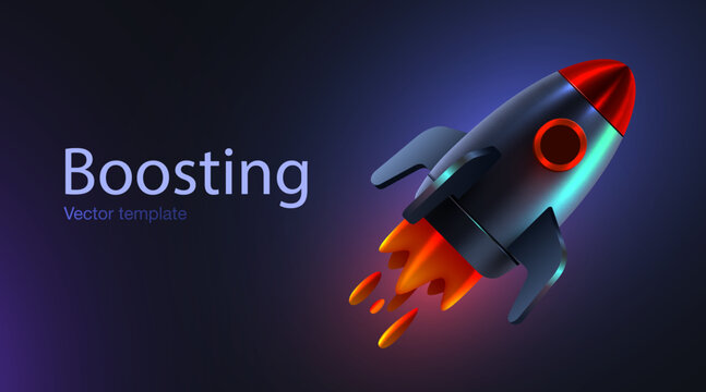 Rocket ship flies up background. 3D icon. Space travel. Space rocket launch. New project start up, boosting your business concept. Creative idea. Vector illustration