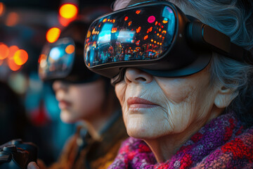 Elderly woman with grandchild engage in virtual reality activities, both wearing VR headsets and holding controllers, surrounded by colorful neon lights in a studio setting