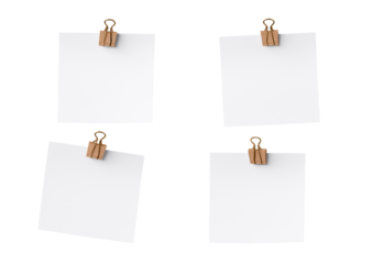 4 white sticky notes with a clip isolated on a transparent background