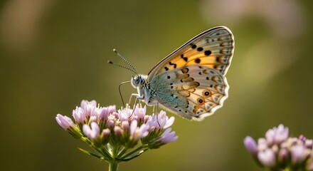 Fototapeta premium Butterfly rests gently on a cluster of pastel purple flowers in soft sunlight