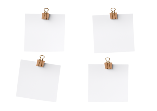 4 white sticky notes with a clip isolated on a transparent background
