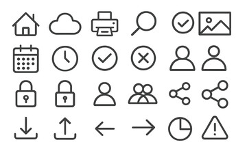 Essential line icon collection for web and mobile app interface design. UI UX kit with home, search, user, lock, share, download, and navigation arrow vector symbols.
