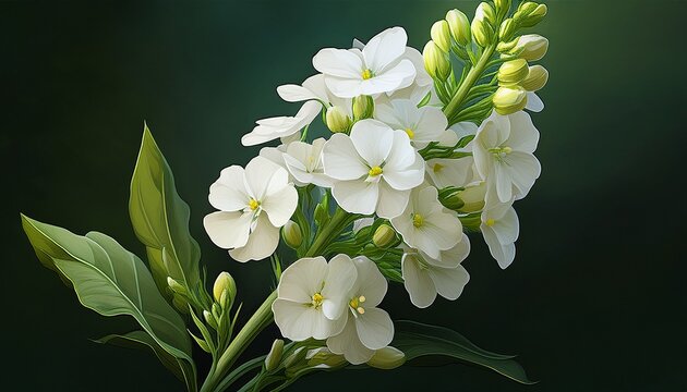 white matthiola stock flower with leaves realistic