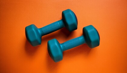 Teal dumbbells next to each other isolated on orange background, fitness, sport, gym, exercise equipment, barbells, weights for health and strength, workout, 