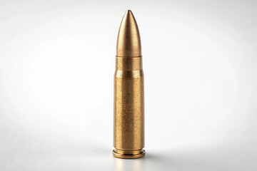 Single Bullet Standing on White Background, Ammunition Projectile Close-Up, Metallic Cartridge