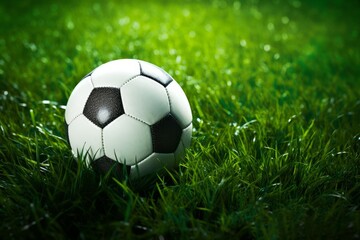 Fototapeta premium Classic soccer ball sits on a vibrant green grass field, ready for action