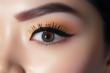 Obraz premium Close up of beautiful eye with long eyelashes and professional makeup, highlighting the beauty and care of the female gaze