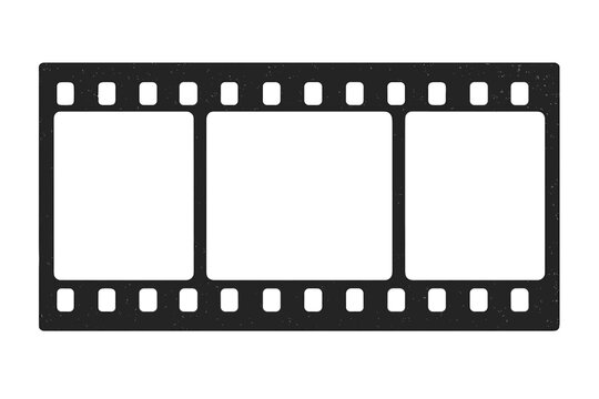 Film strip frame template with empty slots. Retro cinema tape with grunge grain texture. Old movie negative border for photo. Vintage nostalgic vector illustration.